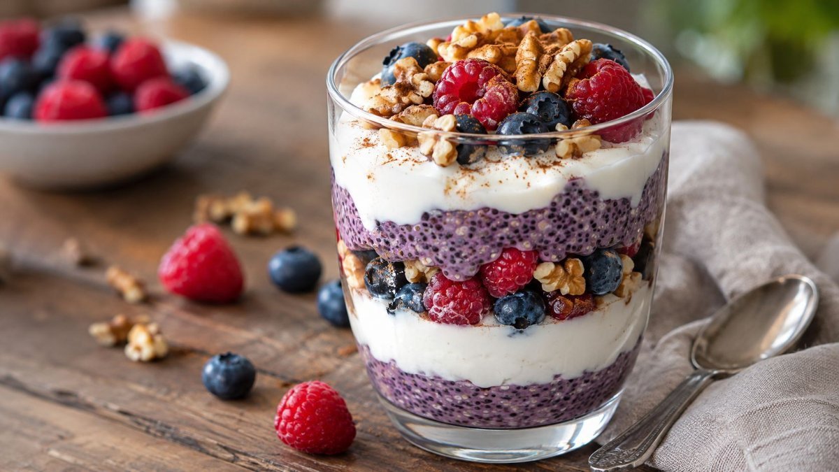 Ultra-realistic food photograph of a layered Greek yogurt and berry chia parfait in a clear glass, featuring creamy white yogurt, purple chia pudding, fresh blueberries, red raspberries, and golden toasted walnuts, lightly dusted with cinnamon. Served on a rustic wooden table with a soft linen napkin and silver spoon, illuminated by natural window light with soft shadows and a shallow depth of field.
